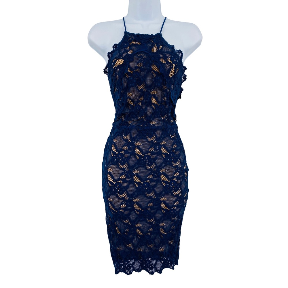 Nightcap Clothing Lace Bodycon Dress Womens 1 Navy Blue Halter Backless